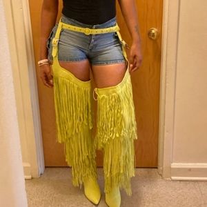 Yellow Fringe Over the Knee Boots
